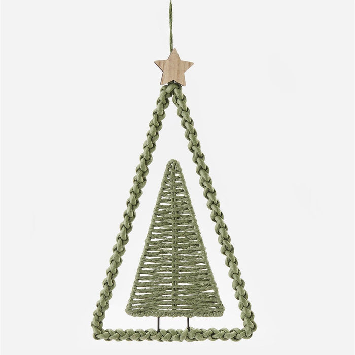 A hanging decorative ornament featuring a braided triangular frame in sage green with a smaller woven tree silhouette inside and a small wooden star at the top, shown on a plain light gray background.