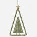 A hanging decorative ornament featuring a braided triangular frame in sage green with a smaller woven tree silhouette inside and a small wooden star at the top, shown on a plain light gray background.