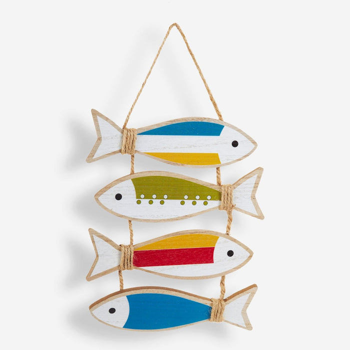 Decorative wall hanging with colorful fish shapes on a white background