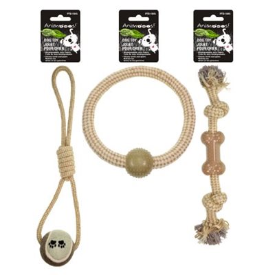 ASSORTED ANIMOOOS DOG TOY ROPE WITH BONE/BALL