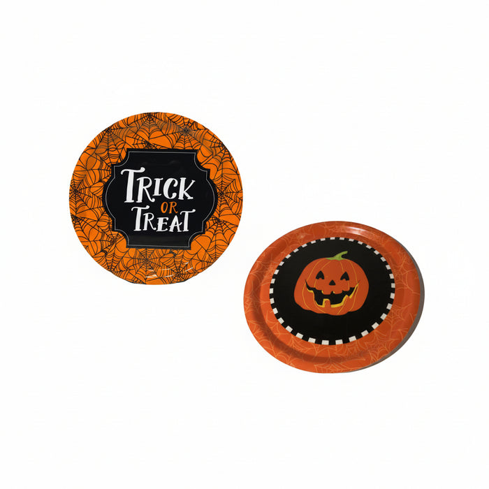 Two Halloween-themed paper plates on a white background. One round plate features an orange spiderweb pattern with a black center and the words 'Trick or Treat' in white and orange.
