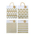 Four white gift bags with gold foil patterns and natural jute handles, arranged in a 2x2 grid on a white background.