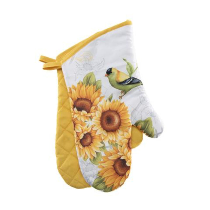 A quilted oven mitt featuring a yellow and white sunflower print with a small green and yellow bird perched on one of the flowers, set against a plain white background.