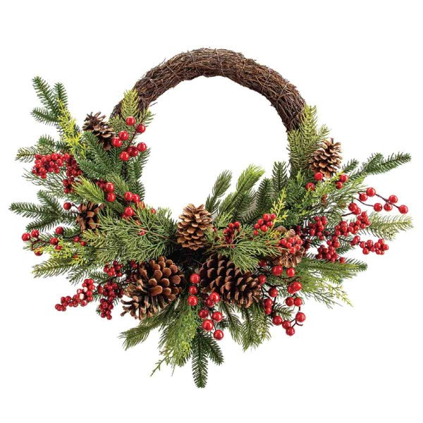 61CM PINE GRAPEVINE HALF WREATH WITH BERRIES