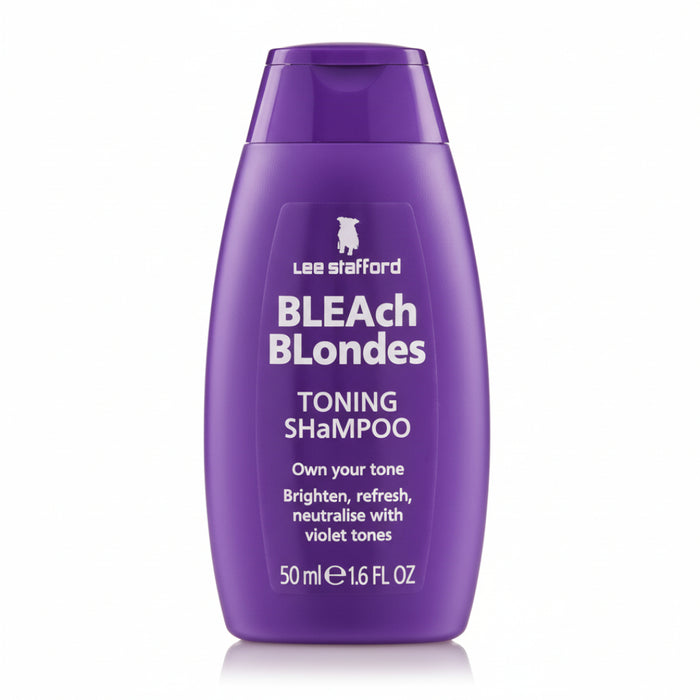 Purple shampoo bottle labeled 'Bleach Blondes' by Lee Stafford on a white background
