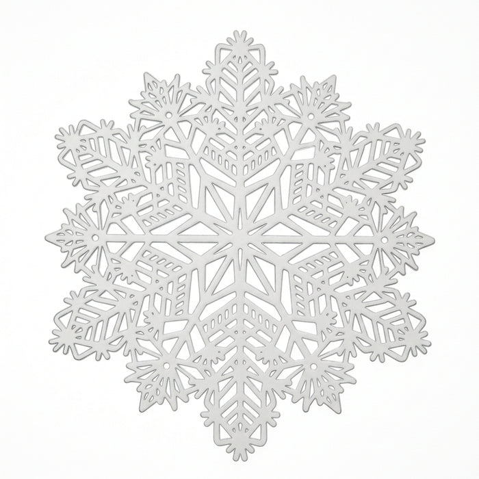 A single white snowflake-shaped decorative ornament or wall hanging with intricate cutout detailing, centered on a plain white background.