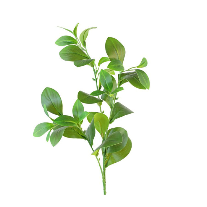 A single artificial green leafy branch with glossy oval leaves and a slim stem, isolated on a plain white background.