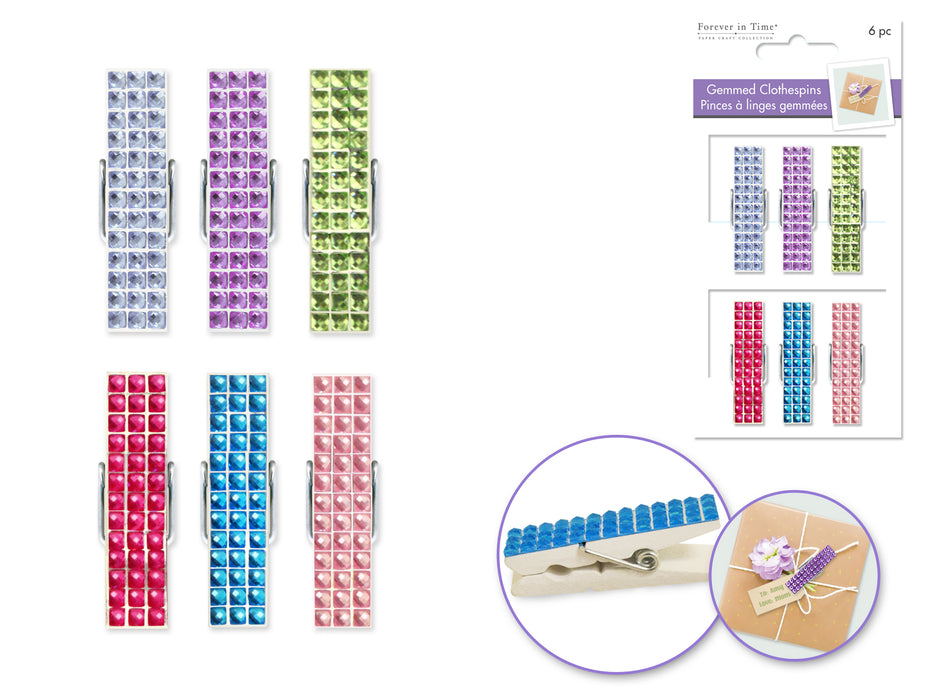PAPER CRAFT 1.8" WOOD DECO GEMMED CLOTHESPINS 6PK