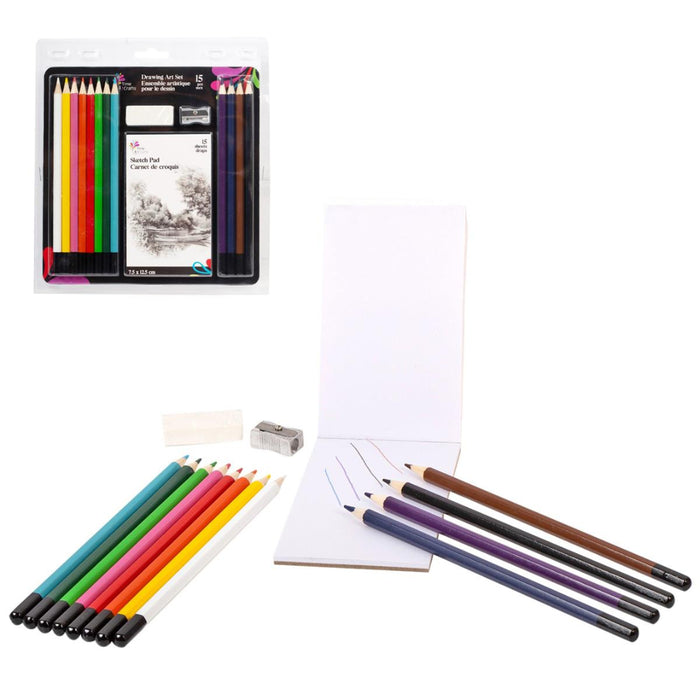 Set of colored pencils, a sharpener, and a small piece of paper on a white background