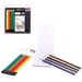 Set of colored pencils, a sharpener, and a small piece of paper on a white background