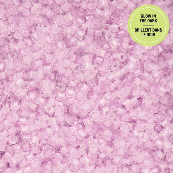 Purple beads with a green label on a purple background