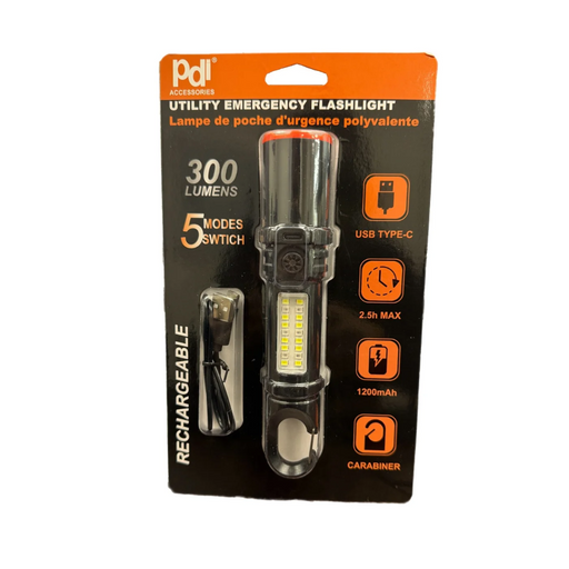 PDL Utility Emergency Flashlight packaging with specifications on a white background