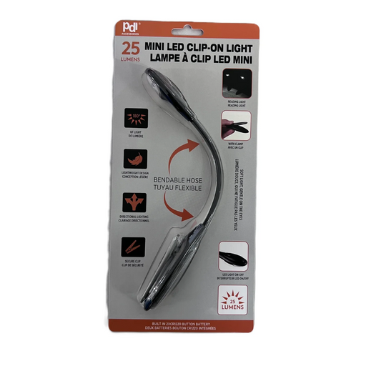 Packaging of a mini LED clip-on light with Pdé branding on a white background