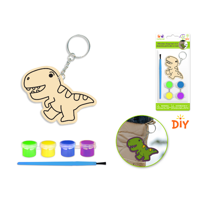 DIY wooden dinosaur keychain craft kit with 4 bright paint colors and brush; includes example of finished green dino on backpack.