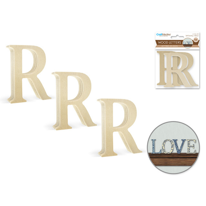 Wooden letter 'R' with packaging and a decorative wall art on a white background