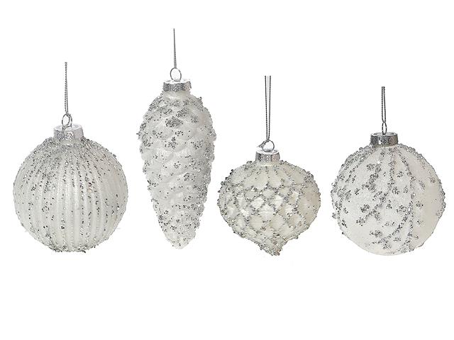 ASSORTED WHITE GLASS ORNAMENT WITH SILVER GLITTER