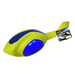 Toy spaceship with blue light and green body on a white background