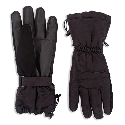 Pair of black gloves with drawstring on a white background