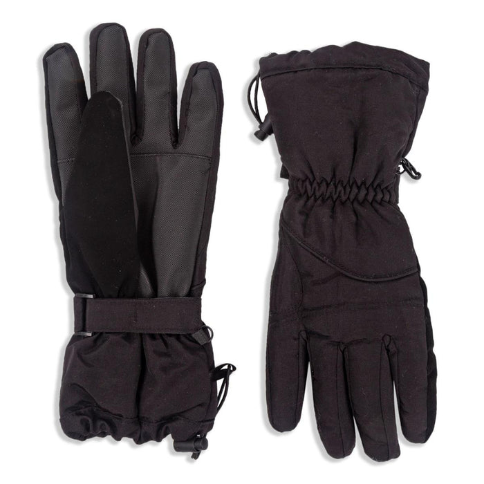 Pair of black gloves with drawstring on a white background