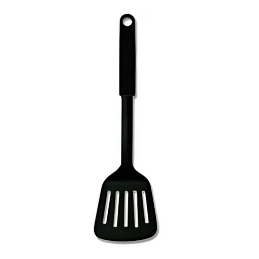 Black slotted spatula on a white background