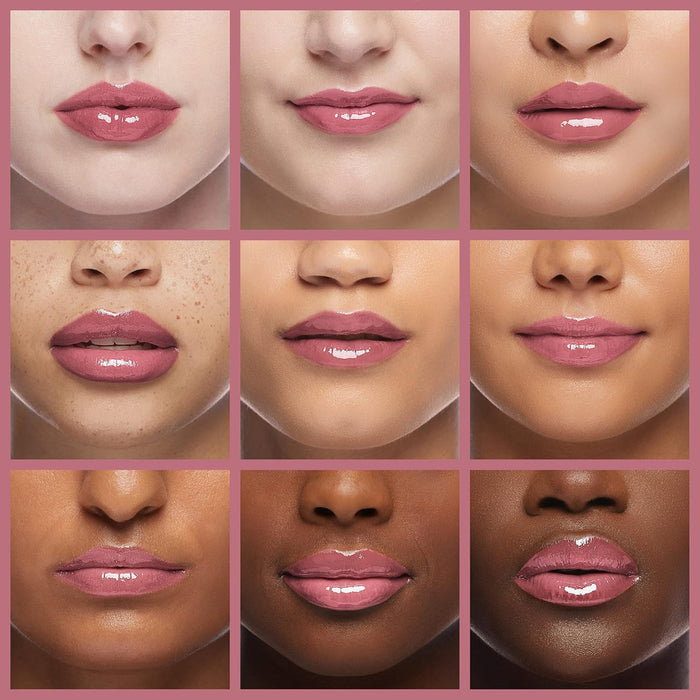Collage of different skin tones with a pink lip color on a pink background