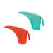 Two plastic watering cans in red and green colors
