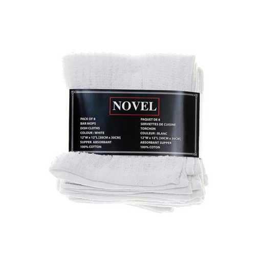 Pack of white dish cloths with 'Novel' label on a white background