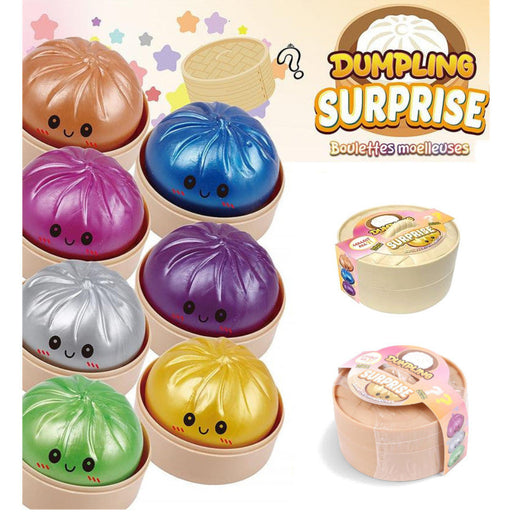 A set of colorful novelty dumpling-shaped squishy toys in bamboo-style holders, shown alongside two packaged round squishy containers labeled 'Dumpling Surprise' on a white background with pastel star decorations.