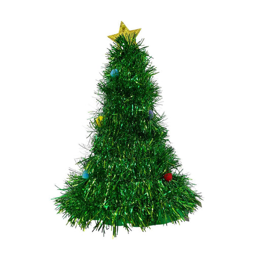 A green tinsel Christmas tree with a gold star on top and a few small colorful ornaments, isolated on a white background.