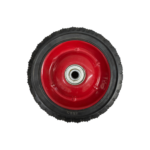 Black tire with a red hub on a white background