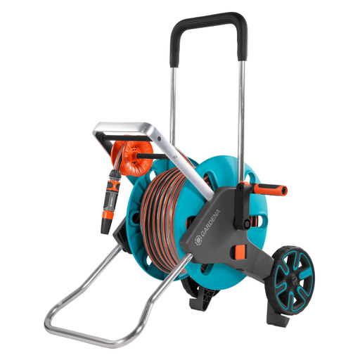 Gardena hose reel cart with hose and nozzle on a white background