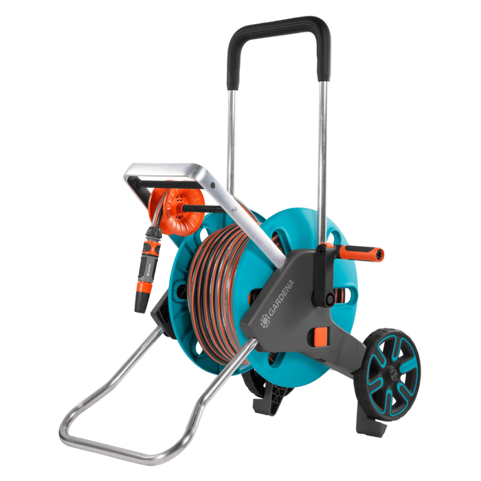 Gardena hose reel cart with hose and nozzle on a white background