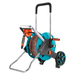 Gardena hose reel cart with hose and nozzle on a white background