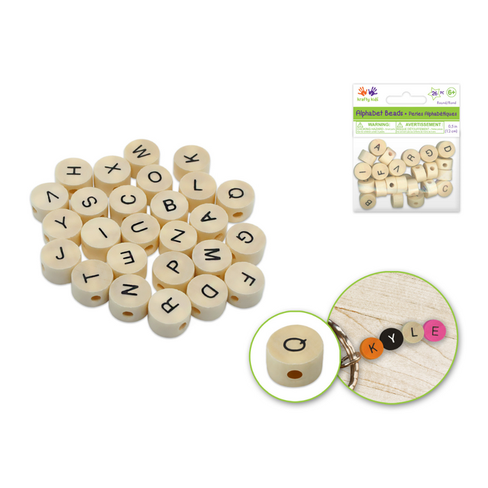 Set of 26 round natural wood alphabet beads with black lettering; shown loose, in retail packaging, and used in a keychain spelling "KYLE."