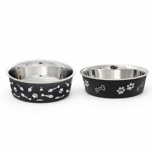 Two stainless steel pet bowls with black outer walls decorated with white paw prints, bones, and fish bone graphics, shown on a plain white background.
