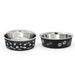 Two stainless steel pet bowls with black outer walls decorated with white paw prints, bones, and fish bone graphics, shown on a plain white background.