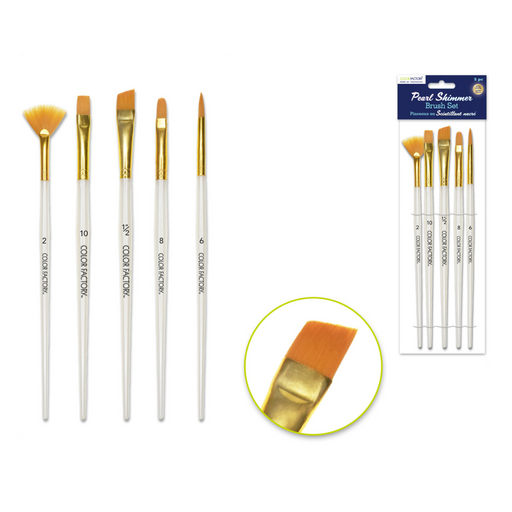 Five golden taklon artist brushes with pearl shimmer plastic handles and gold ferrules in assorted shapes and sizes, shown loose and in retail packaging.