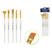 Five golden taklon artist brushes with pearl shimmer plastic handles and gold ferrules in assorted shapes and sizes, shown loose and in retail packaging.
