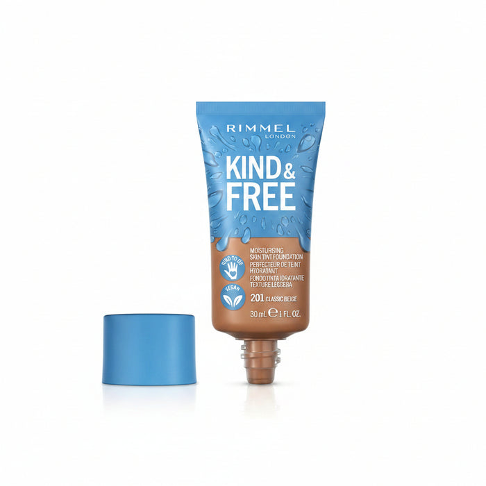 Rimmel London Kind & Free Moisturising Skin Tint Foundation in shade 201 Classic Beige, shown as a squeeze tube with its blue cap placed separately on the left against a white background.