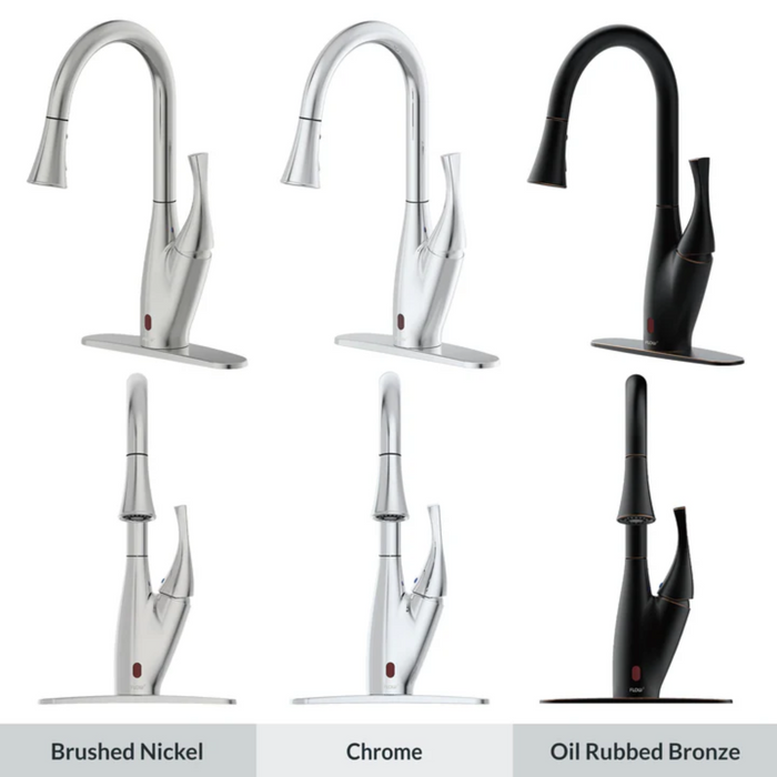 Set of three kitchen faucets in different finishes: Brushed Nickel, Chrome, and Oil Rubbed Bronze.