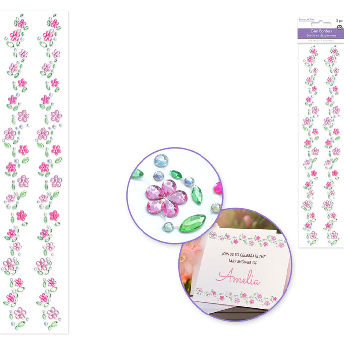 Decorative floral border with pink flowers and green leaves, along with a baby shower invitation card.
