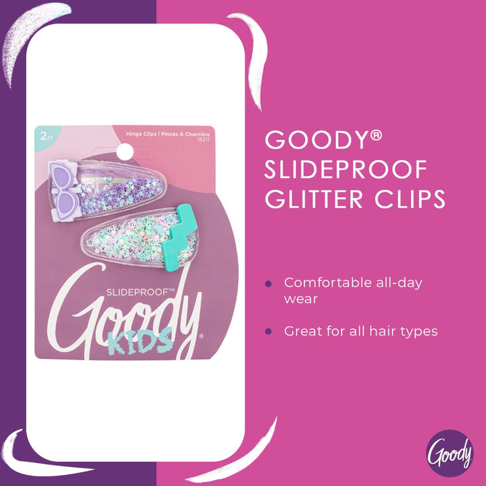 Two Goody® SlideProof Kids glitter hair clips in a package. One clip is filled with purple glitter stars and decorated with a lavender sunglasses accent, while the other has pastel glitter stars with a teal zigzag accent.