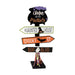 Halloween decorative signpost with four directional arrow boards reading 'Come in my pretties', 'Huaunted house', 'Spooky st', and 'Boo blvd', plus a cauldron, bat, ghost, and striped witch hat accents, on a white background.