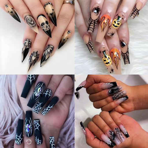 A 2x2 collage showing four different Halloween-themed long press-on nail designs worn on hands. The designs feature black and white spiderwebs, skulls, roses, pumpkins, and bat wings, with some nails showing a gradient from black to white.