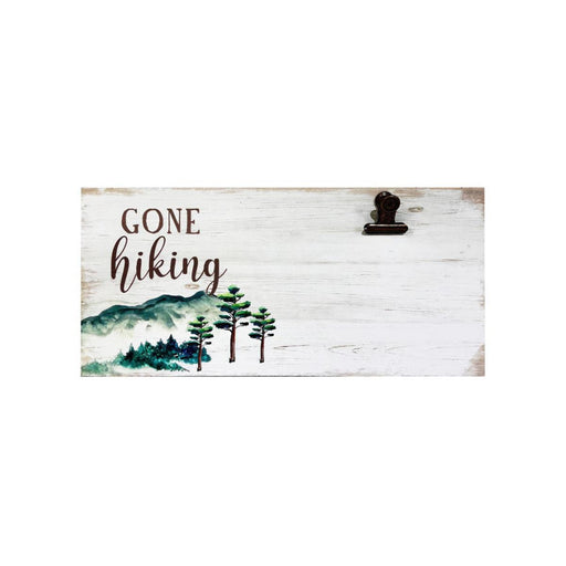 Wooden sign with 'Gone Hiking' text and mountain illustration on a white background