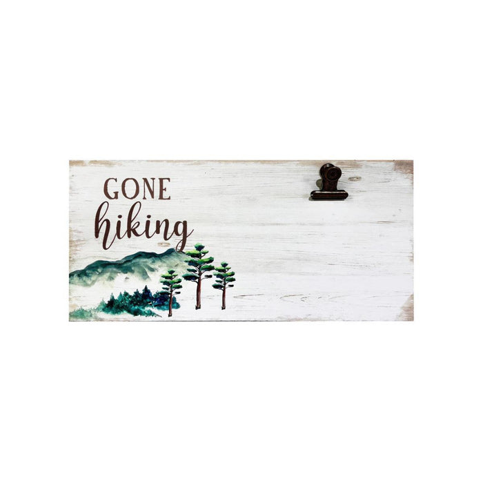 Wooden sign with 'Gone Hiking' text and mountain illustration on a white background