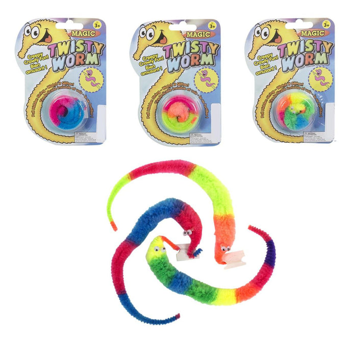 Colorful 'Twisty Worm' toy with packaging on a white background