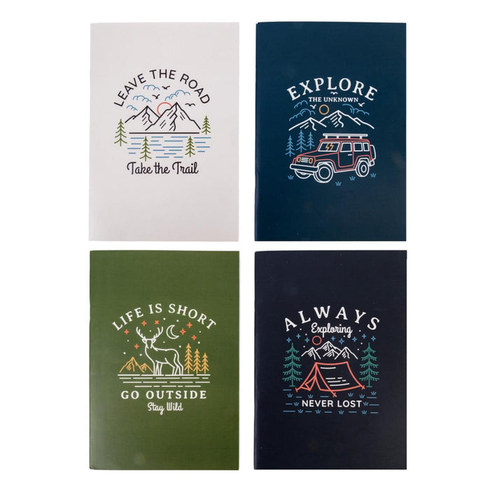 Four notebook covers with motivational quotes and illustrations on a white background