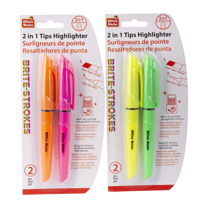 OFFICE WORKS 2PC HIGHTLIGHTERS 2 IN 1 TIPS