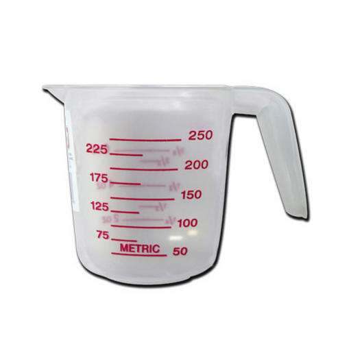 Clear measuring cup with red measurement markings on a white background
